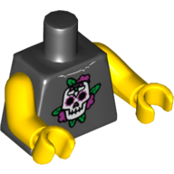 Visuel indicatif Rebrickable de Torse, crâne et rose foncé Roses motif imprimé, bras et mains jaunes (Torso, Skull and Dark Pink Roses Print, Yellow Arms and Hands)