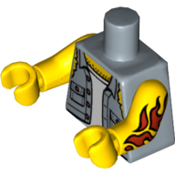 Torse, chemise avec manches déchirées, boutons sur les poches, jolly roger dos motif imprimé, bras jaunes et les mains avec feu rouge motif imprimé tatouage sur le bras gauche (Torso, Shirt with Ripped Off Sleeves, Buttons on Pockets, Jolly Roger Back Print, Yellow Arms and Hands with Red Fire Tattoo Print on Left Arm)