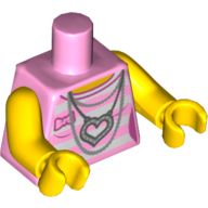 Torse, chemise avec rayures blanches et rose vif, Collier, Pendentif cœur imprimé, bras et mains jaunes (Torso, Shirt with White and Bright Pink Stripes, Necklace, Heart Pendant Print, Yellow Arms and Hands)