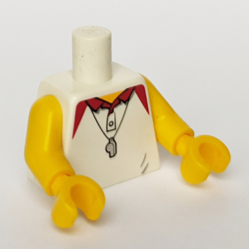 Visuel indicatif Rebrickable de Torse, polo avec col rouge et motif imprimé sifflet argenté, bras et mains jaunes (Torso, Polo Shirt with Red Collar and Silver Whistle Print, Yellow Arms and Hands)