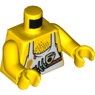 Torse, poitrine nue, tablier blanc, poisson squelette et poitrine motif imprimé cheveux, bras et mains jaunes (Torso, Bare Chest, White Apron, Fish Skeleton and Chest Hair Print, Yellow Arms and Hands)