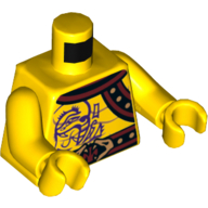 Torse, poitrine nue, muscles, tatouages de serpent violet, boucle de serpent, motif imprimé bandoulière, bras et mains jaunes (Torso, Bare Chest, Muscles, Purple Snake Tattoos, Snake Buckle, Shoulder Strap Print, Yellow Arms and Hands)