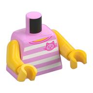 Torse, débardeur, rayures blanches horizontales, motif imprimé chat rose, bras et mains jaunes (Torso, Tank Top, Horizontal White Stripes, Pink Cat Print, Yellow Arms and Hands)