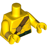 Visuel indicatif Rebrickable de Torse, poitrine nue avec bracelet brun rougeâtre et or et motif imprimé ceinture vert foncé, bras et mains jaunes avec motif imprimé manchettes or (Torso, Bare Chest with Reddish Brown and Gold Strap and Dark Green Waist Sash Print, Yellow Arms and Hands with Gold Cuffs Print)