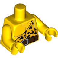 Torse, peau d'animal orange clair vif toge, une sangle et des taches léopard et ceinture brun rougeâtre motif imprimé, bras et mains jaunes (Torso, Bright Light Orange Animal Skin Toga, One Strap and Leopard Spots and Reddish Brown Belt Print, Yellow Arms and Hands)