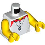 Visuel indicatif Rebrickable de Torse, Polo avec col rouge, sifflet et gilet de sauvetage rouge sur motif imprimé dos, bras et mains jaunes (Torso, Polo Shirt with Red Collar, Whistle and Red Lifeguard Float on Back Print, Yellow Arms and Hands)