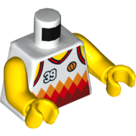 Torse, chemise de sport avec '39', basket-bille orange et motif imprimé diamants orange et rouge, bras et mains jaunes (Torso, Sports Shirt with '39', Orange Basketball and Orange and Red Diamonds Print, Yellow Arms and Hands)