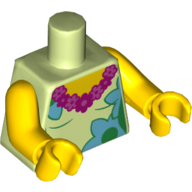 Visuel indicatif Rebrickable de Torse, rose foncé et magenta Lei, Azur moyen et motif imprimé fleurs vert vif, bras et mains jaunes (Torso, Dark Pink and Magenta Lei, Medium Azure and Bright Green Flowers Print, Yellow Arms and Hands)