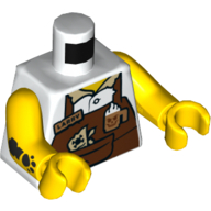 Torse, tablier, chemise brun rougeâtre sur blanc, chiffon graisseux, tasse à café, étiquette de nom 'Larry' motif imprimé, bras et mains jaunes (Torso, Apron, Reddish Brown over White Shirt, Greased Rag, Coffee Mug, Name Tag 'Larry' Print, Yellow Arms and Hands)