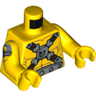 Torse, poitrine nue, sangles, crâne, os, motif : ceinture métal, bras jaunes et mains avec motif imprimé tatouage sur bras droit (Torso, Bare Chest, Straps, Skull, Bones, Metal Belt Print, Yellow Arms and Hands with Tattoo Print on Right Arm)