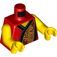 Torse, robe avec bordure noire et motif imprimé tête de dragon or, bras et mains jaunes (Torso, Robe with Black Trim and Gold Dragon Head Print, Yellow Arms and Hands)