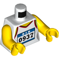 Torse, débardeur avec bordure rouge, badge coureur '0937' motif imprimé, bras et mains jaunes (Torso, Tank Top with Red Trim, Runner Badge '0937' Print, Yellow Arms and Hands)