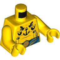 Torse, poitrine nue avec ancres, perroquets et tatouages de sirènes, motif imprimé ceinture bleue, bras et mains jaunes (Torso, Bare Chest with Anchors, Parrots, and Mermaids Tattoos, Blue Belt Print, Yellow Arms and Hands)