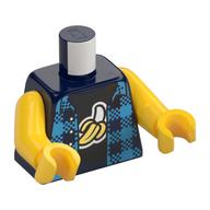 Torse, veste à carreaux bleu moyen, chemise noire, motif imprimé banane pelée, bras et mains jaunes (Torso, Medium Blue Checkered Jacket, Black Shirt, Peeled Banana Print, Yellow Arms and Hands)