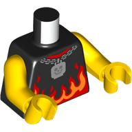 Torse, chemise avec des flammes rouges/oranges, collier chaîne, crâne pendentif motif imprimé, bras et mains jaunes (Torso, Shirt with Red/Orange Flames, Chain Necklace, Skull Pendant Print, Yellow Arms and Hands)