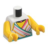 Torse, dessus en couches, Turquoise foncée, corail, rayures orange clair vif, noir Colliers motif imprimé, bras et mains jaunes (Torso, Layered Top, Dark Turquoise, Coral, Bright Light Orange Stripes, Black Necklaces Print, Yellow Arms and Hands)