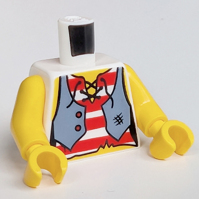 Visuel indicatif Rebrickable de Torse, gilet pirate bleu sable sur chemise rayée rouge et blanche, 2 boutons, ancre noire au dos motif imprimé, bras et mains jaunes (Torso, Sand Blue Pirate Vest over Red and White Striped Shirt, 2 Buttons, Black Anchor on Back Print, Yellow Arms and Hands)