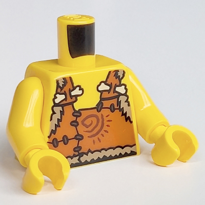 Visuel indicatif Rebrickable de Torse, dessus de peau d'animal orange foncé, fourrure beige foncé, os et points de suture imprimés, bras et mains jaunes (Torso, Dark Orange Animal Skin Top, Dark Tan Fur, Bones and Stitches Print, Yellow Arms and Hands)