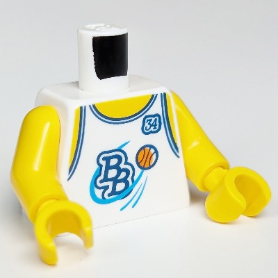 Visuel indicatif Rebrickable de Torse, chemise de sport avec 'BB', basketball orange et '34' au dos motif imprimé, bras et mains jaunes (Torso, Sports Shirt with 'BB', Orange Basketball and '34' on Back Print, Yellow Arms and Hands)
