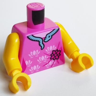 Visuel indicatif Rebrickable de Torse, robe avec des fleurs roses vives, motif imprimé serpent argenté, bras et mains jaunes (Torso, Dress with Bright Pink Flowers, Silver Snake Print, Yellow Arms and Hands)