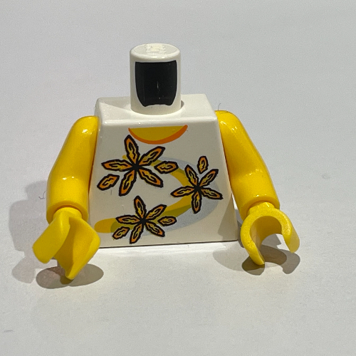 Torse, chemise 3 fleurs sur bande jaune et argent / '2011 The LEGO Store Alderwood Mall, Lynnwood, WA' sur le dos motif imprimé, bras et mains jaunes (Torso, Shirt 3 Flowers over Yellow and Silver Stripe / '2011 The LEGO Store Alderwood Mall, Lynnwood, WA' on Back Print, Yellow Arms and Hands)