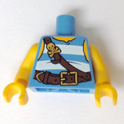 Visuel indicatif Rebrickable de Torse, débardeur à rayures blanches, bracelets en cuir avec motif imprimé crâne et os croisés, bras et mains jaunes (Torso, Tank Top with White Stripes, Leather Straps with Skull and Crossbones Print, Yellow Arms and Hands)