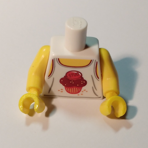 Torse, débardeur, Cupcake rouge foncé avec motif imprimé 'Stud', bras et mains jaunes (Torso, Tank Top, Dark Red Cupcake with 'Stud' Print, Yellow Arms and Hands)
