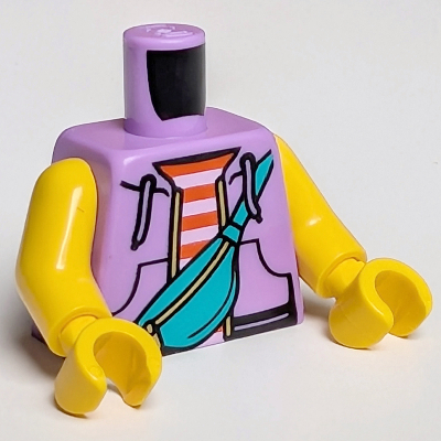 Visuel indicatif Rebrickable de Torse, sweat à capuche, chemise rayée rouge/blanche, poches devant, sac bandoulière turquoise foncé motif imprimé, bras et mains jaunes (Torso, Hoodie, Red/White Striped Shirt, Front Pockets, Dark Turquoise Shoulder Strap Bag Print, Yellow Arms and Hands)