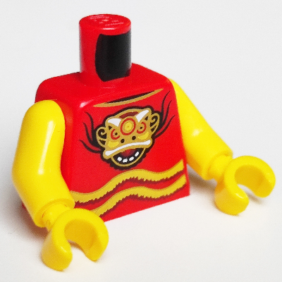 Visuel indicatif Rebrickable de Torse, débardeur avec plastron doré Dragon Face et rayures imprimées, bras jaunes, mains jaunes (Torso, Tank Top with Gold Dragon Face Breastplate and Stripes Print, Yellow Arms, Yellow Hands)