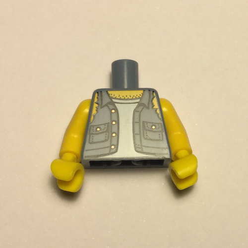 Visuel indicatif Rebrickable de Torse, chemise avec manches déchirées, boutons sur le motif imprimé poches, bras et mains jaunes (Torso, Shirt with Ripped Off Sleeves, Buttons on Pockets Print, Yellow Arms and Hands)