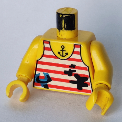 Torse, débardeur, taches, clé, motif imprimé tatouage ancre, bras et mains jaunes (Torso, Tank Top, Stains, Wrench, Anchor Tattoo Print, Yellow Arms and Hands)