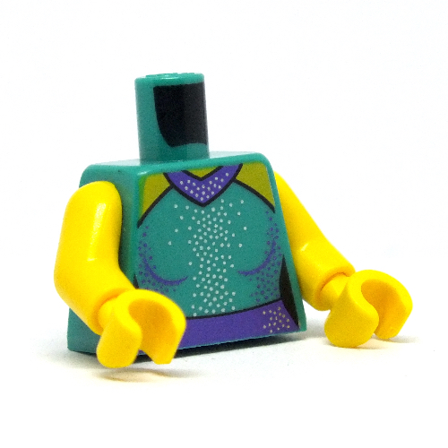 Visuel indicatif Rebrickable de Torse, robe avec col et taille violet foncé, et motif imprimé paillettes argentées et violet foncées, bras et mains jaunes (Torso, Dress with Dark Purple Collar and Waist, and Silver and Dark Purple Glitter Print, Yellow Arms and Hands)