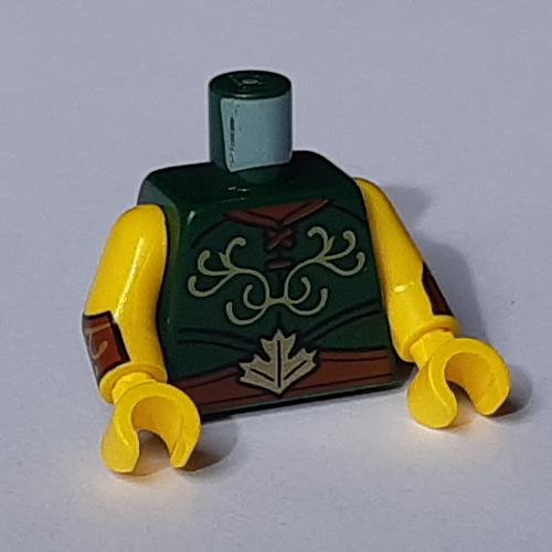Torse, tunique avec lacets, décoration vert citron et ceinture marron rougeâtre avec motif imprimé feuille, bras et mains jaunes avec motif imprimé manchettes (Torso, Tunic with Laces, Lime Decoration and Reddish Brown Belt with Leaf Print, Yellow Arms and Hands with Cuffs Print)