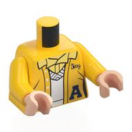 Torse, veste Letterman, bleu foncé 'A', chandail blanc, motif imprimé chemise jaune clair lumineux, bras jaunes, mains nougat clair (Torso, Letterman Jacket, Dark Blue 'A', White Sweater, Bright Light Yellow Shirt Print, Yellow Arms, Light Nougat Hands)