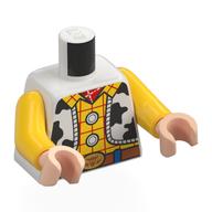 Torse, gilet avec des taches noires, chemise jaune avec rayures rouges, badge de shérif, ceinture, chaîne de traction sur le dos motif imprimé, bras jaunes, mains nougat clair (Torso, Vest with Black Spots, Yellow Shirt with Red Stripes, Sheriff Badge, Belt, Pull String On Back Print, Yellow Arms, Light Nougat Hands)