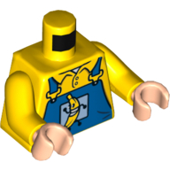 Visuel indicatif Rebrickable de Torse, salopette bleue avec banane en cours d'exécution et 'Banana Co.' sur motif imprimé à l'envers, bras jaunes, mains nougat clair (Torso, Overalls Blue with Running Banana and 'Banana Co.' on Reverse Print, Yellow Arms, Light Nougat Hands)