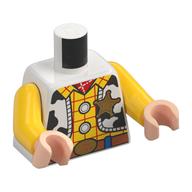 Visuel indicatif Rebrickable de Torse, gilet à taches noires, chemise jaune à rayures rouges, badge de shérif, motif imprimé ceinture, bras jaunes, mains nougat clair (Torso, Vest with Black Spots, Yellow Shirt with Red Stripes, Sheriff Badge, Belt Print, Yellow Arms, Light Nougat Hands)