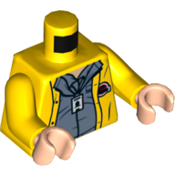 Torse, manteau de pluie, chemise bleu sable, étiquette d'identité / Jurassic Park Logo sur le dos motif imprimé, bras jaunes, mains nougat clair (Torso, Rain Coat, Sand Blue Shirt, ID Tag / Jurassic Park Logo on Back Print, Yellow Arms, Light Nougat Hands)