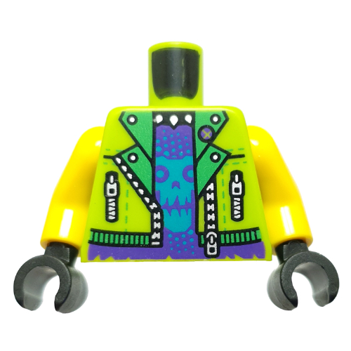 Torse, veste, col vert vif, fermetures à glissière, chemise violet foncé, motif imprimé crâne Azur, bras jaunes, mains noires (Torso, Jacket, Bright Green Collar, Zippers, Dark Purple Shirt Shirt, Azure Skull Print, Yellow Arms, Black Hands)