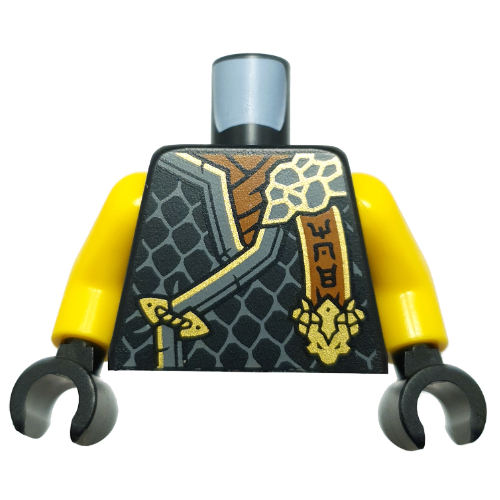 Torse, robes ninja, garniture gris bleuâtre foncé, écailles, bannière orange foncé avec symboles asiatiques, motif imprimé tête de dragon en or, bras jaunes, mains noires (Torso, Ninja Robes, Dark Bluish Grey Trim, Scales, Dark Orange Banner with Asian Symbols, Gold Dragon Head Print, Yellow Arms, Black Hands)