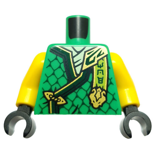 Torse, Ninja robes, or/vert foncé garniture, échelles, bannière vert jaunâtre, motif imprimé tête de dragon or, bras jaunes, mains noires (Torso, Ninja Robes, Gold/Dark Green Trim, Scales, Yellowish Green Banner, Gold Dragon Head Print, Yellow Arms, Black Hands)