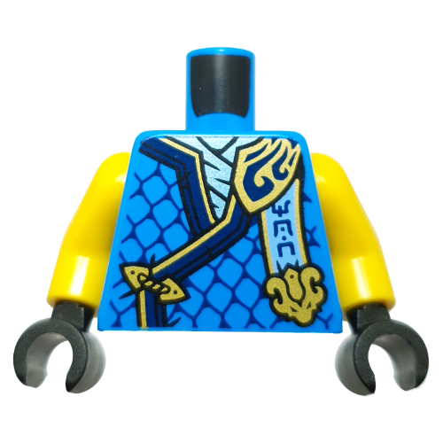 Torse, Ninja robes, bleu foncé / or garniture, échelles, bannière bleu clair vif, motif imprimé tête de dragon or, bras jaunes, mains noires (Torso, Ninja Robes, Dark Blue/Gold Trim, Scales, Bright Light Blue Banner, Gold Dragon Head Print, Yellow Arms, Black Hands)