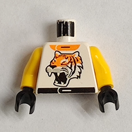 Visuel indicatif Rebrickable de Torse, Veste de course avec motif imprimé tête de tigre, bras jaunes, mains noires (Torso, Racing Jacket with Tiger Head Print, Yellow Arms, Black Hands)