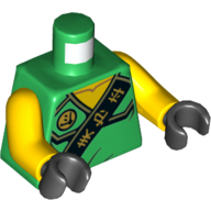Visuel indicatif Rebrickable de Torse, robe avec ceinture noire avec caractères asiatiques et or Puissance Emblème motif imprimé, bras jaunes, mains noires (Torso, Robe with Black Sash with Asian Characters and Gold Power Emblem Print, Yellow Arms, Black Hands)