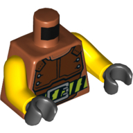 Torse, gilet, armure de corps brun rougeâtre, ceinture avec motif imprimé de rayures de danger, bras jaunes, mains noires (Torso, Vest, Reddish Brown Body Armor, Belt with Hazard Stripes Print, Yellow Arms, Black Hands)