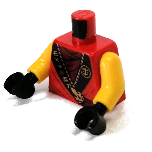 Torse, robe avec bord noir avec caractères asiatiques, motif imprimé rouge foncé maillot de corps (Kai), bras jaunes, mains noires (Torso, Robe with Black Trim with Asian Characters, Dark Red Undershirt Print (Kai), Yellow Arms, Black Hands)