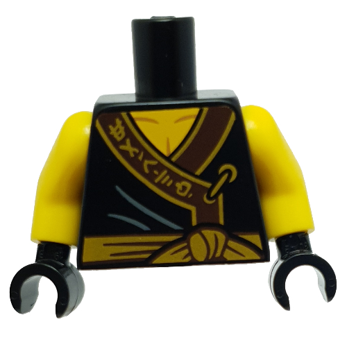 Visuel indicatif Rebrickable de Torse, robe, garniture brun foncé, caractères asiatiques dorés, ceinture à ceinture dorée imprimée, bras jaunes, mains noires (Torso, Robe, Dark Brown Trim, Gold Asian Characters, Gold Tied Sash Belt Print, Yellow Arms, Black Hands)