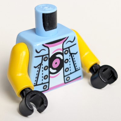 Visuel indicatif Rebrickable de Torse, veste, chemise blanche, garniture rose foncé, vinyle motif imprimé, bras jaunes, mains noires (Torso, Jacket, White Shirt, Dark Pink Trim, Vinyl Record Print, Yellow Arms, Black Hands)