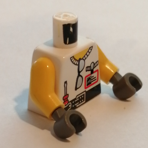 Torse, gilet, lunettes de soleil, Tournevis, Clapboard sur le dos motif imprimé, bras jaunes, mains gris foncé (Torso, Vest, Sunglasses, Screwdriver, Clapboard on Back Print, Yellow Arms, Dark Gray Hands)