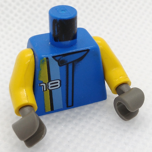 Visuel indicatif Rebrickable de Torse, veste de course '18' et motif imprimé rayé jaune, bras jaunes, mains gris foncé (Torso, Racing Jacket '18' and Yellow Stripe Print, Yellow Arms, Dark Gray Hands)